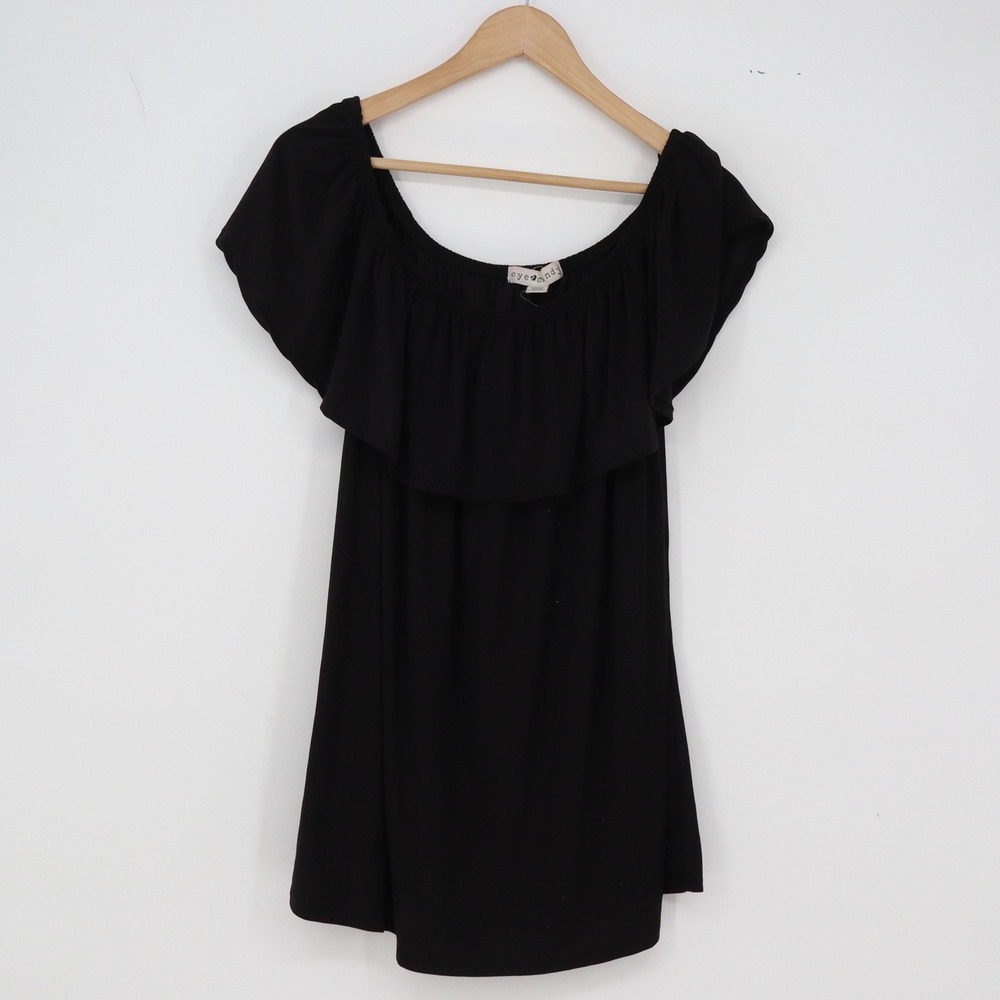 Eye Candy Top Womens 1X Off-Shoulder Black Ruffle Short Sleeve Knit Excellent